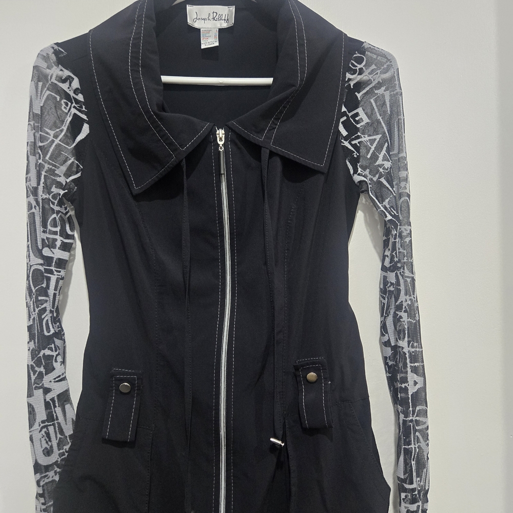 Joseph Ribkoff Zippered Jacket With Mesh Graphic Sleeves Size 2